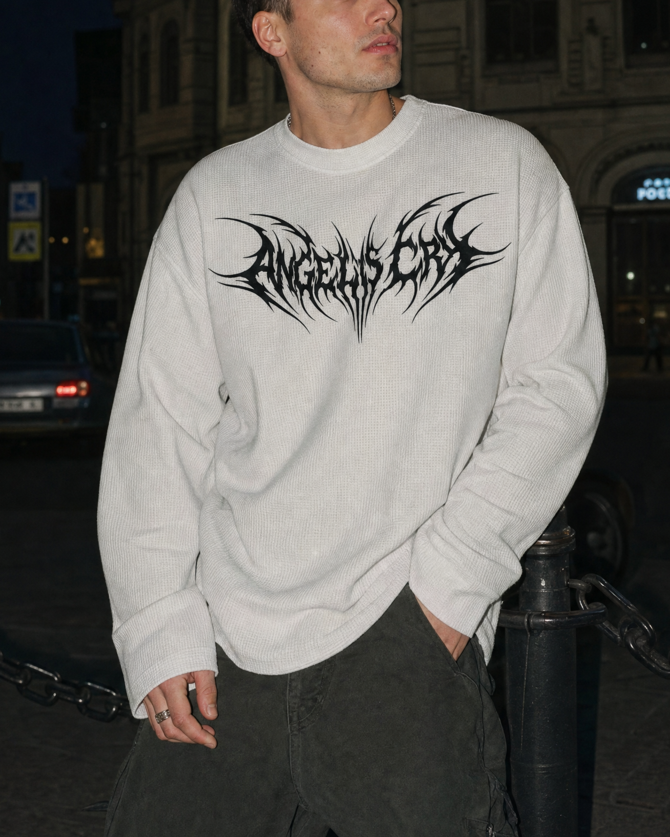 CYBERSIGILISM ANGELS CRY WHITE WAFFLE OVERSIZED FULL SLEEVE