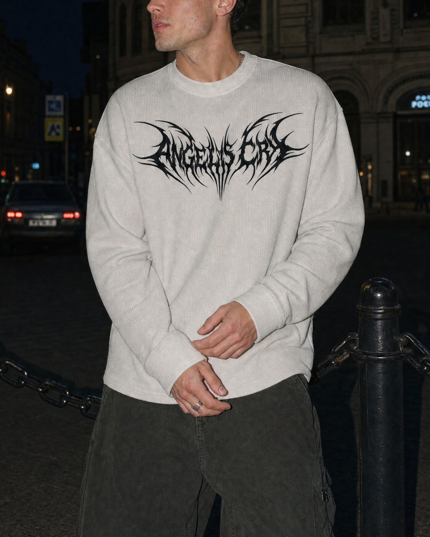 CYBERSIGILISM ANGELS CRY WHITE WAFFLE OVERSIZED FULL SLEEVE