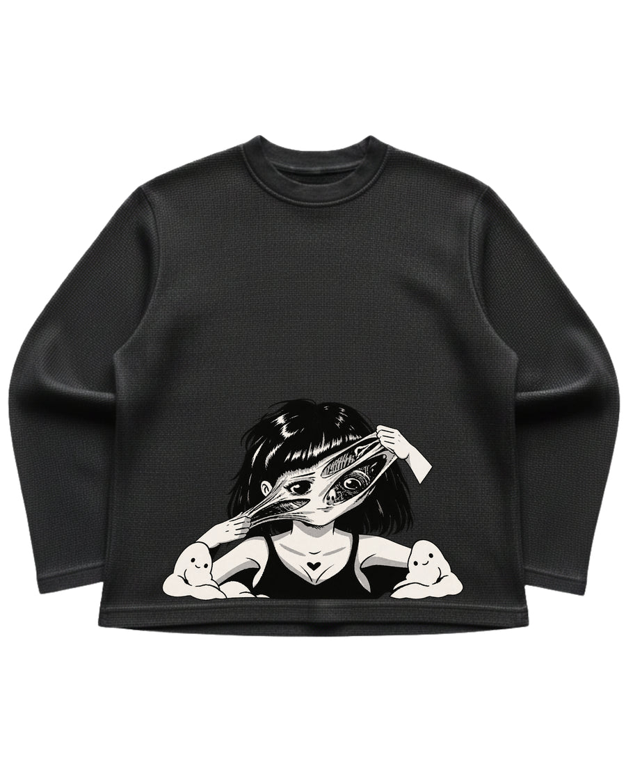 Black waffle knit oversized full-sleeve Front Design